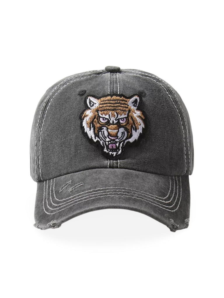 Casquette tigre brodée, style vintage, coton délavé, look usé, mode urbaine, modèle Tigro - Casquette - Gris foncé
