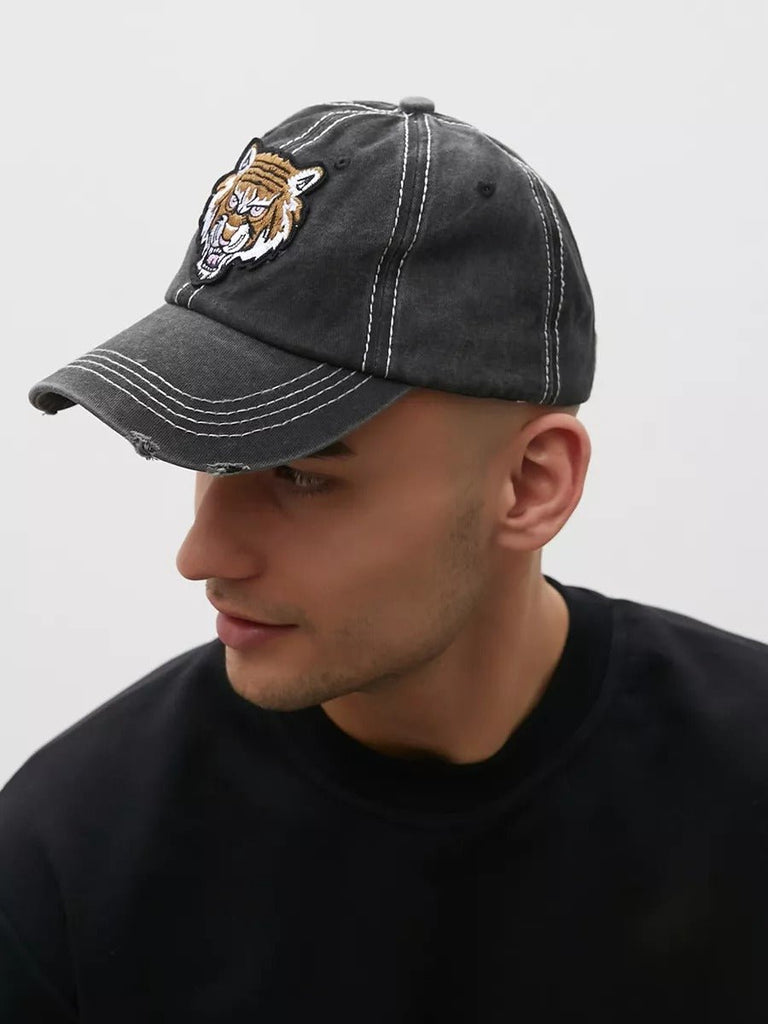 Casquette tigre brodée, style vintage, coton délavé, look usé, mode urbaine, modèle Tigro - Casquette - Gris foncé