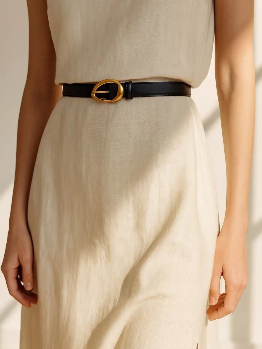Ceinture femme en cuir, boucle dorée arrondie moderne, ceinture fine classique, accessoire mode 2025, modèle Adla - Ceinture - Noire S