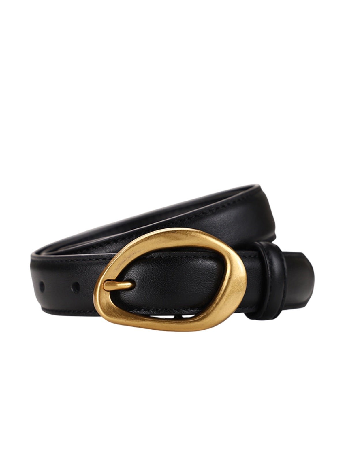 Ceinture femme en cuir, boucle dorée arrondie moderne, ceinture fine classique, accessoire mode 2025, modèle Adla - Ceinture - Noire S