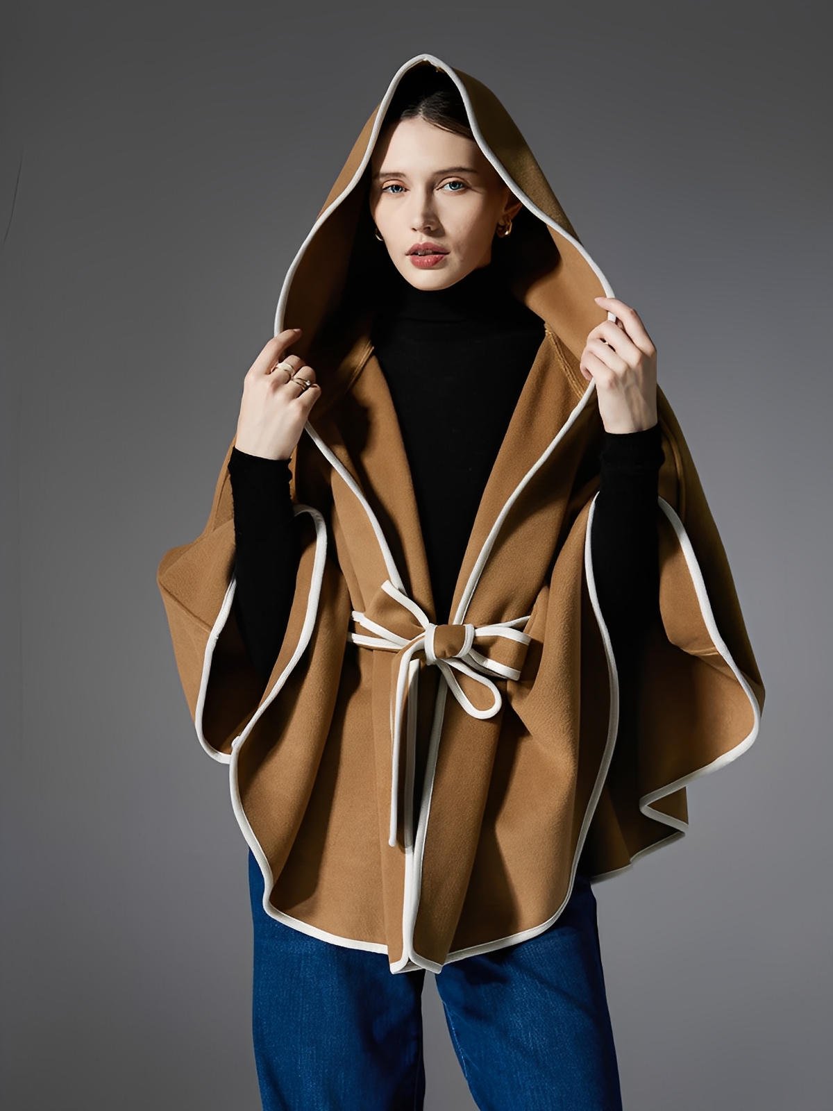 Châle à capuche double face, châle ceinturé femme, cape chaude camel, manteau poncho automne hiver, châle large doux et confortable, modèle Eglesias - Châle - Camel