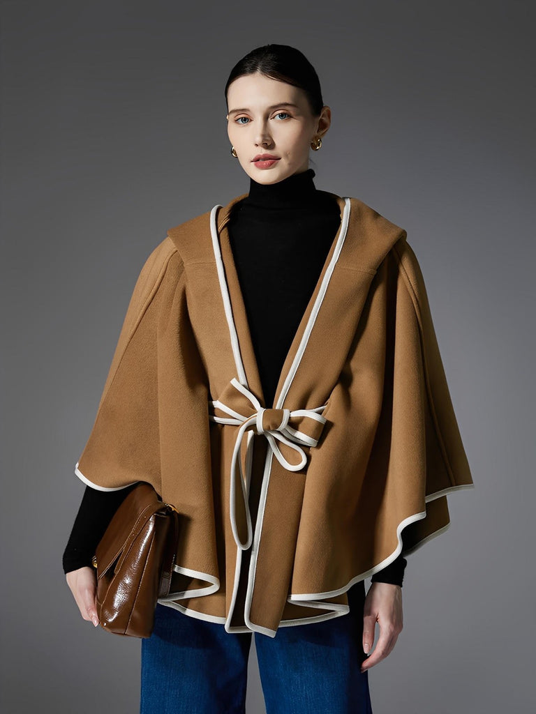 Châle à capuche double face, châle ceinturé femme, cape chaude camel, manteau poncho automne hiver, châle large doux et confortable, modèle Eglesias - Châle - Camel