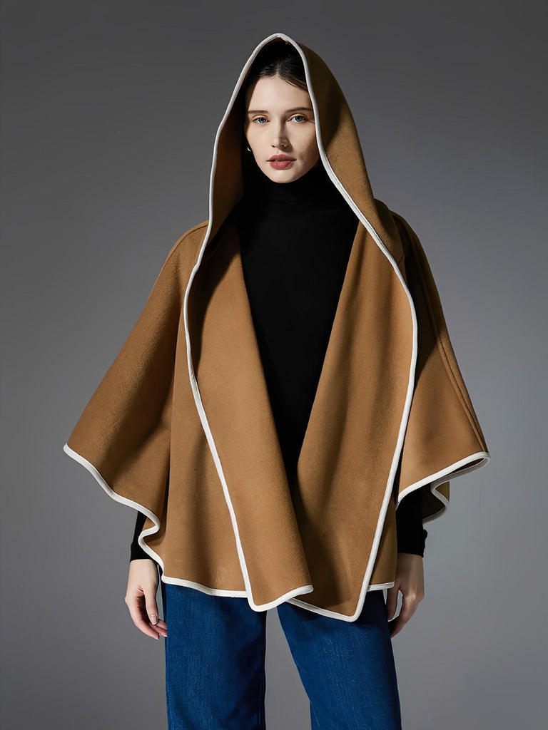 Châle à capuche double face, châle ceinturé femme, cape chaude camel, manteau poncho automne hiver, châle large doux et confortable, modèle Eglesias - Châle - Camel