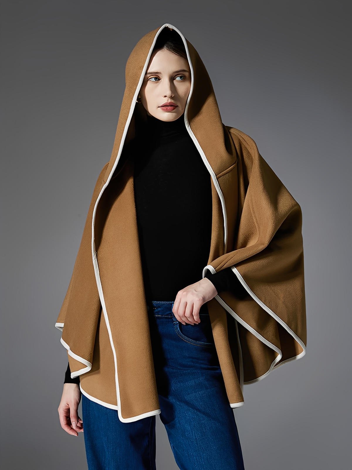 Châle à capuche double face, châle ceinturé femme, cape chaude camel, manteau poncho automne hiver, châle large doux et confortable, modèle Eglesias - Châle - Camel