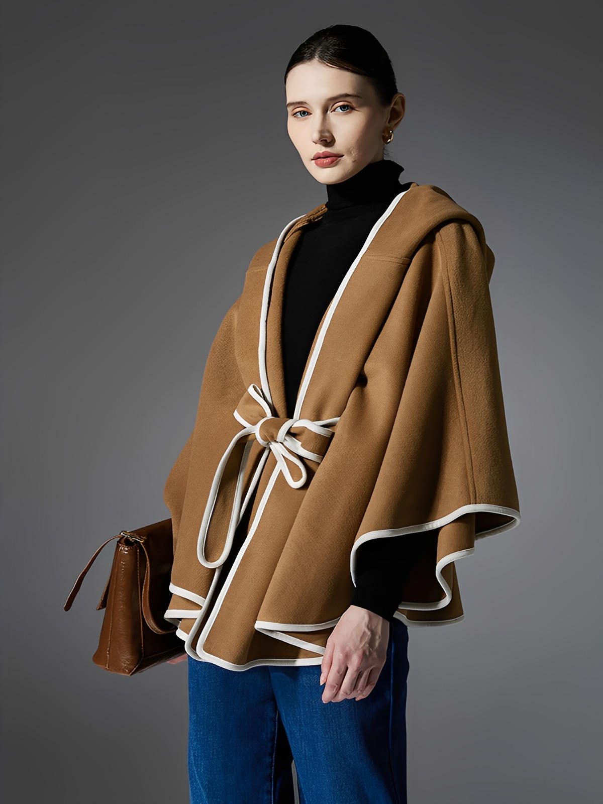 Châle à capuche double face, châle ceinturé femme, cape chaude camel, manteau poncho automne hiver, châle large doux et confortable, modèle Eglesias - Châle - Camel