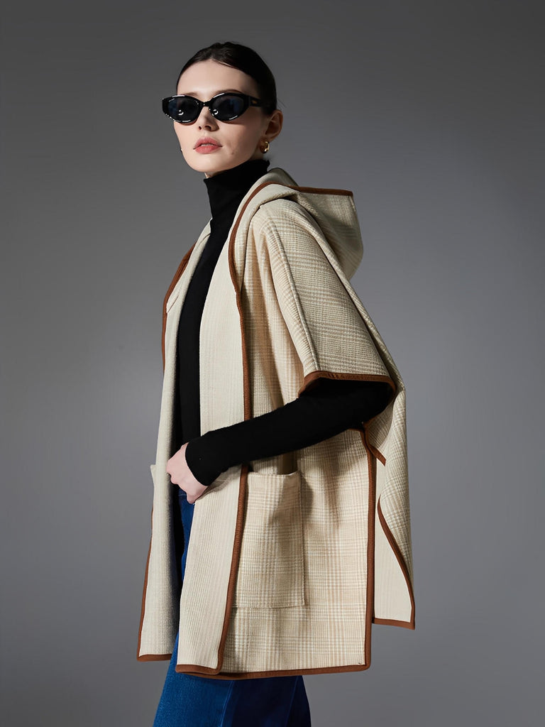 Châle à capuche femme, cape plaid beige, poncho chaud automne hiver, manteau léger sans manche, grande écharpe à poches, modèle Nistare - Châle - Beige