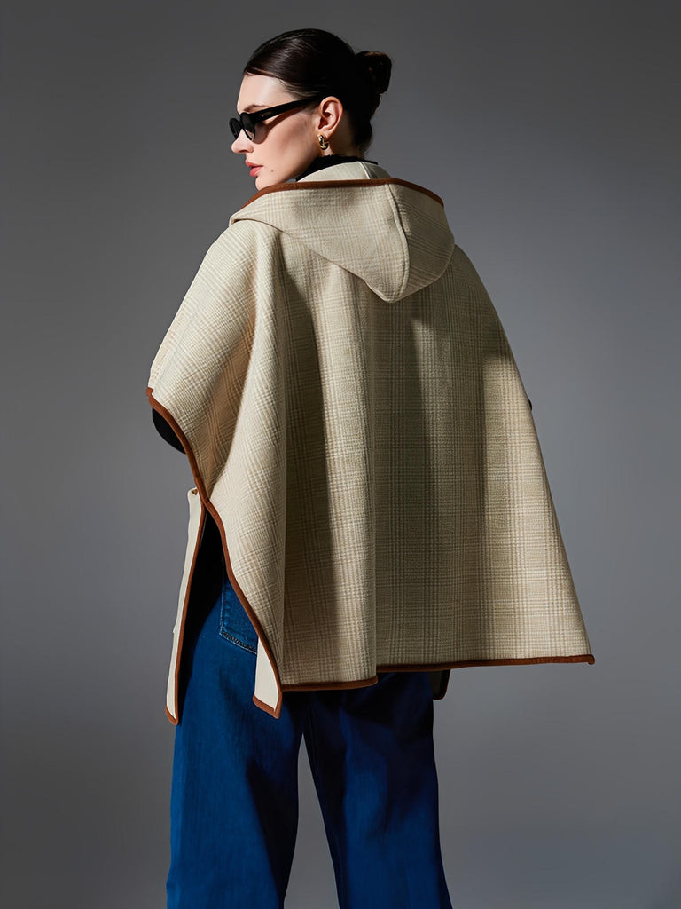 Châle à capuche femme, cape plaid beige, poncho chaud automne hiver, manteau léger sans manche, grande écharpe à poches, modèle Nistare - Châle - Beige