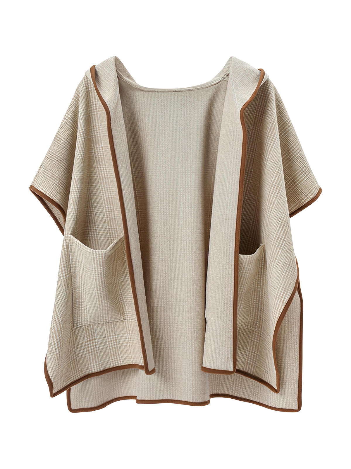 Châle à capuche femme, cape plaid beige, poncho chaud automne hiver, manteau léger sans manche, grande écharpe à poches, modèle Nistare - Châle - Beige