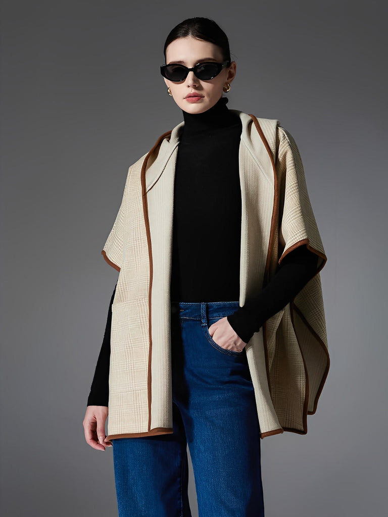 Châle à capuche femme, cape plaid beige, poncho chaud automne hiver, manteau léger sans manche, grande écharpe à poches, modèle Nistare - Châle - Beige