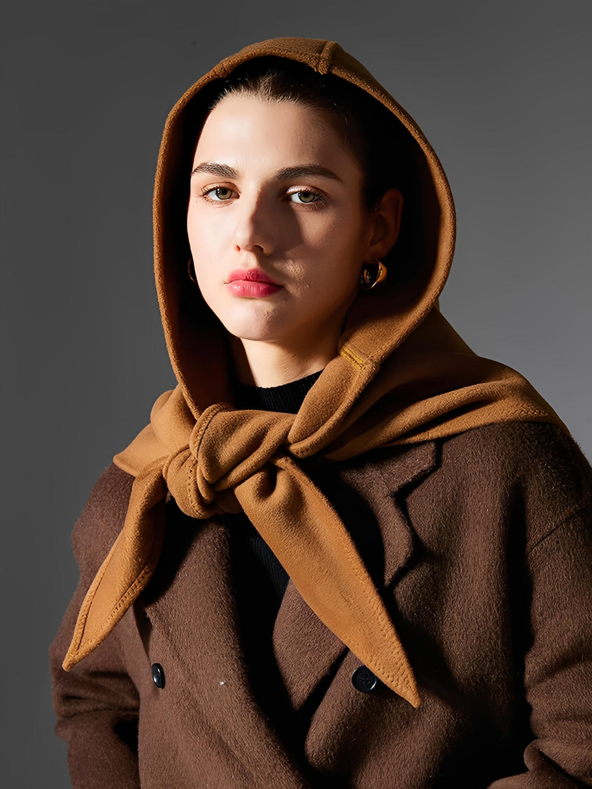 Châle à capuche, foulard chaud hiver, écharpe cape femme, châle camel doux, accessoire mode automne, modèle Pirane - Châle - Camel
