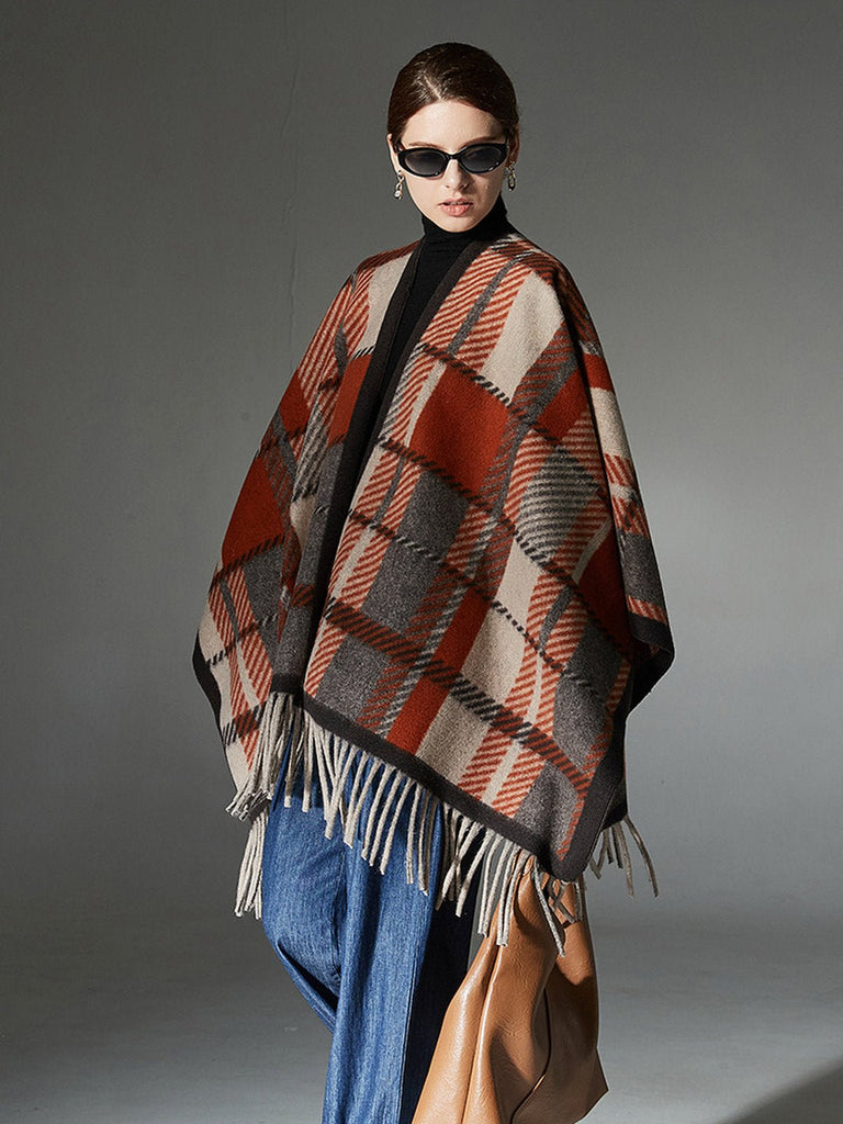 Châle à carreaux femme, châle chaud à franges, poncho laine mélangée, cape douce grande taille, châle hiver automne, modèle Pia - Châle - Multicolore