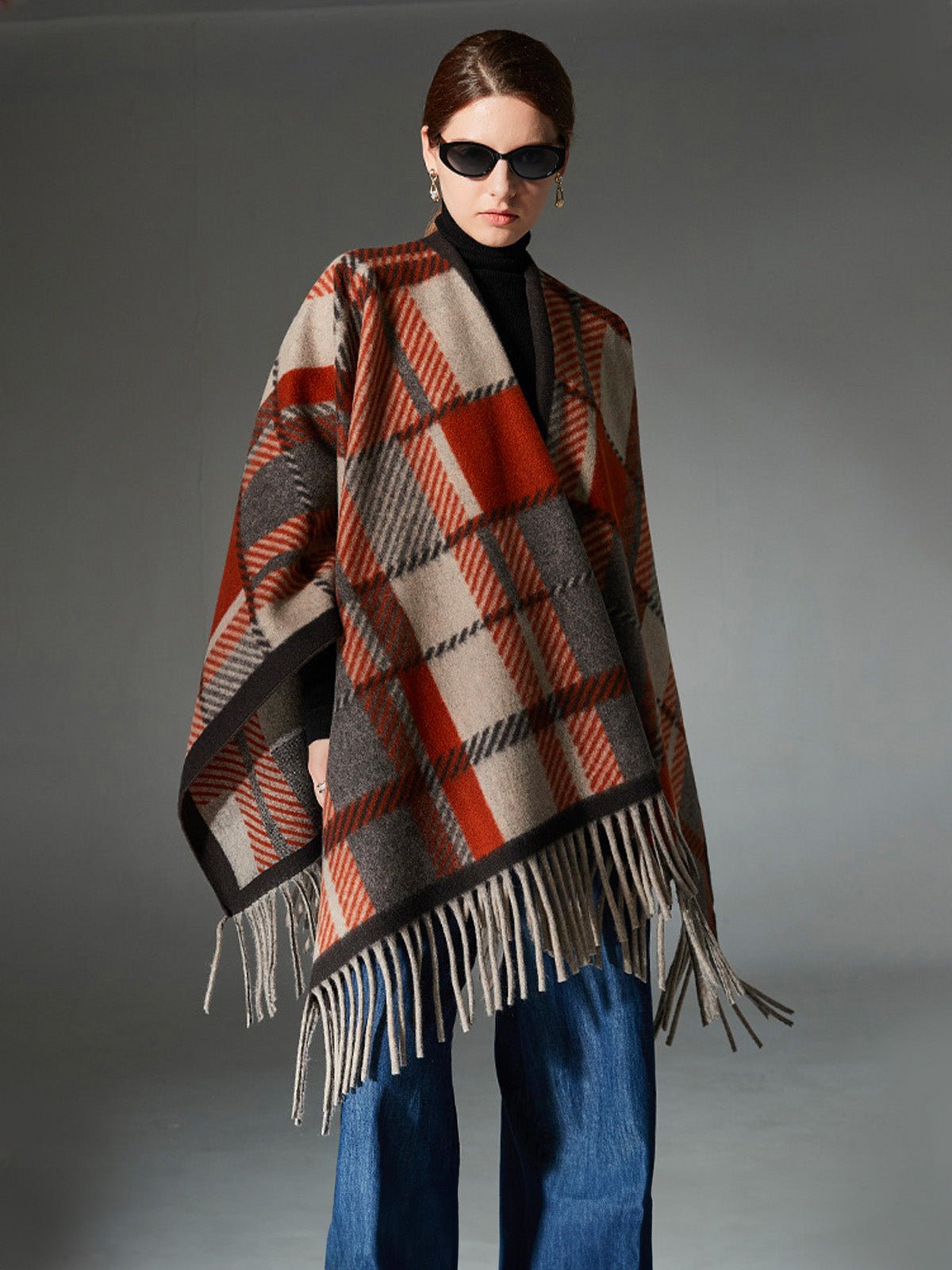 Châle à carreaux femme, châle chaud à franges, poncho laine mélangée, cape douce grande taille, châle hiver automne, modèle Pia - Châle - Multicolore