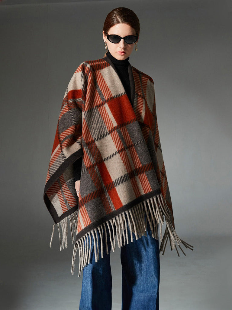 Châle à carreaux femme, châle chaud à franges, poncho laine mélangée, cape douce grande taille, châle hiver automne, modèle Pia - Châle - Multicolore
