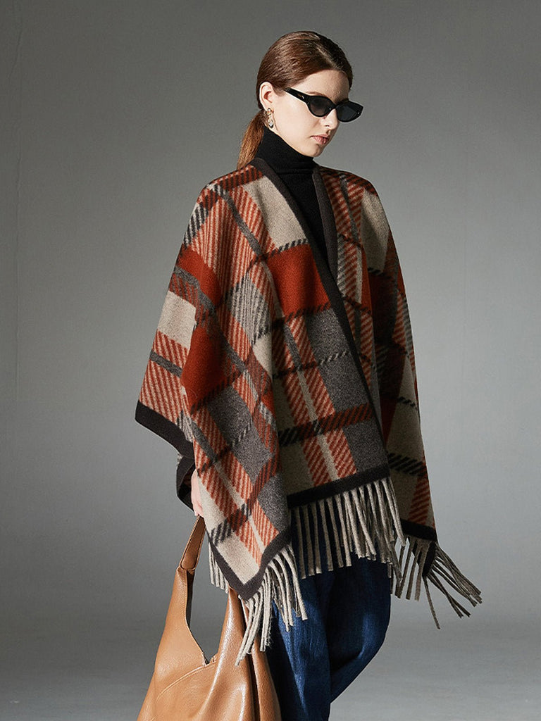 Châle à carreaux femme, châle chaud à franges, poncho laine mélangée, cape douce grande taille, châle hiver automne, modèle Pia - Châle - Multicolore