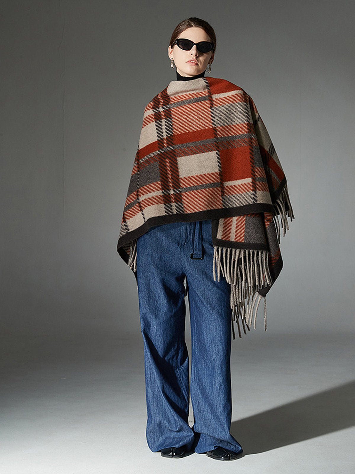 Châle à carreaux femme, châle chaud à franges, poncho laine mélangée, cape douce grande taille, châle hiver automne, modèle Pia - Châle - Multicolore