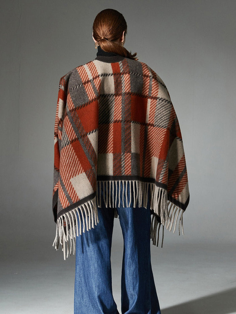 Châle à carreaux femme, châle chaud à franges, poncho laine mélangée, cape douce grande taille, châle hiver automne, modèle Pia - Châle - Multicolore