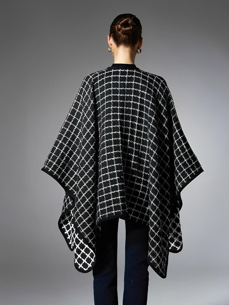 Châle à carreaux noir et blanc, cape douce en fibres synthétiques, poncho chaud femme, accessoire mode automne hiver, grande étole légère et confortable, modèle Princia - Châle - Noir