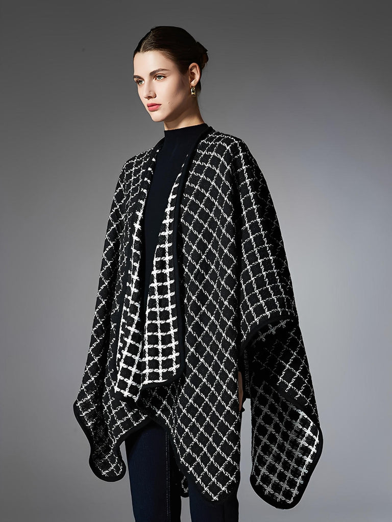 Châle à carreaux noir et blanc, cape douce en fibres synthétiques, poncho chaud femme, accessoire mode automne hiver, grande étole légère et confortable, modèle Princia - Châle - Noir