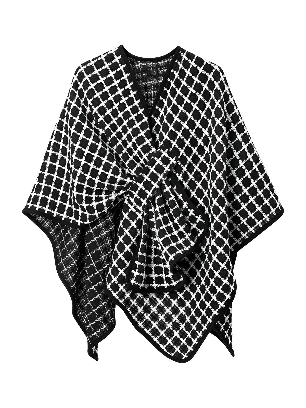 Châle à carreaux noir et blanc, cape douce en fibres synthétiques, poncho chaud femme, accessoire mode automne hiver, grande étole légère et confortable, modèle Princia - Châle - Noir