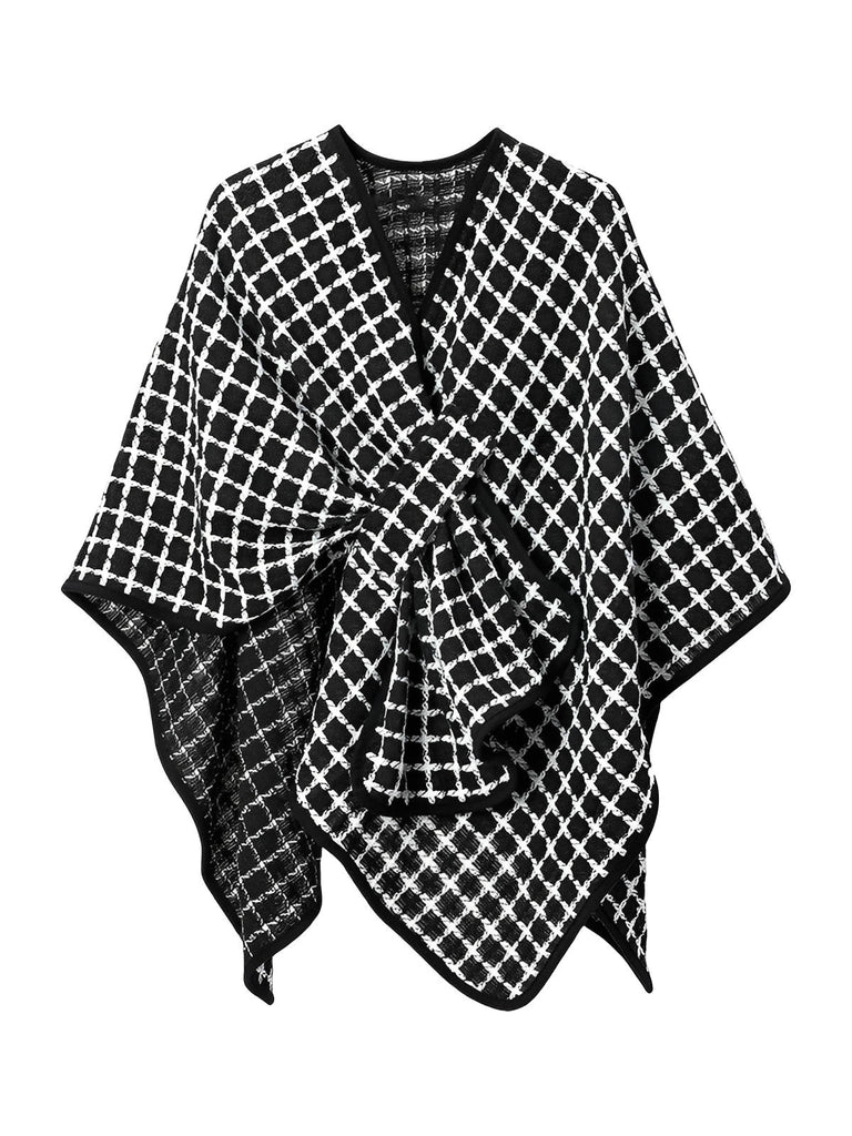 Châle à carreaux noir et blanc, cape douce en fibres synthétiques, poncho chaud femme, accessoire mode automne hiver, grande étole légère et confortable, modèle Princia - Châle - Noir