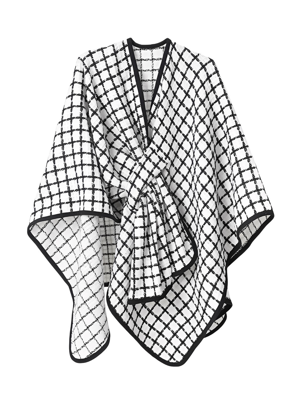Châle à carreaux noir et blanc, cape douce en fibres synthétiques, poncho chaud femme, accessoire mode automne hiver, grande étole légère et confortable, modèle Princia - Châle - Blanc