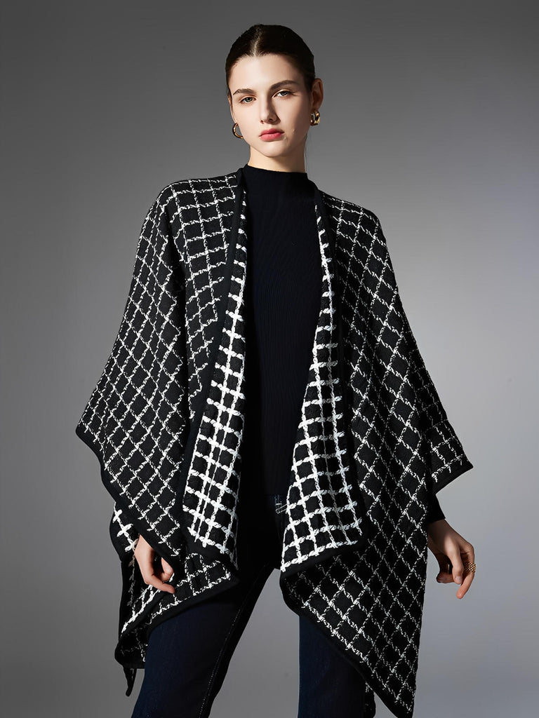 Châle à carreaux noir et blanc, cape douce en fibres synthétiques, poncho chaud femme, accessoire mode automne hiver, grande étole légère et confortable, modèle Princia - Châle - Noir