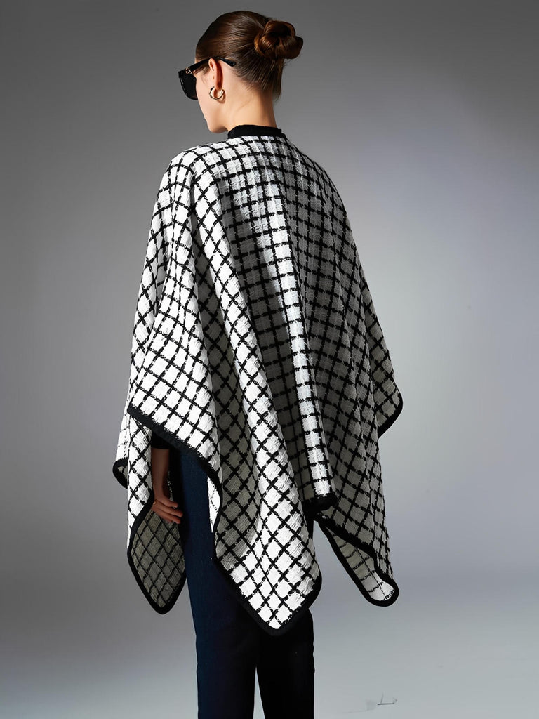 Châle à carreaux noir et blanc, cape douce en fibres synthétiques, poncho chaud femme, accessoire mode automne hiver, grande étole légère et confortable, modèle Princia - Châle - Blanc