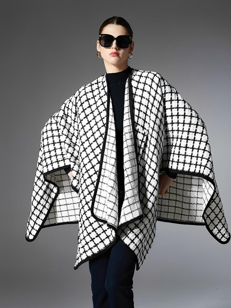 Châle à carreaux noir et blanc, cape douce en fibres synthétiques, poncho chaud femme, accessoire mode automne hiver, grande étole légère et confortable, modèle Princia - Châle - Blanc