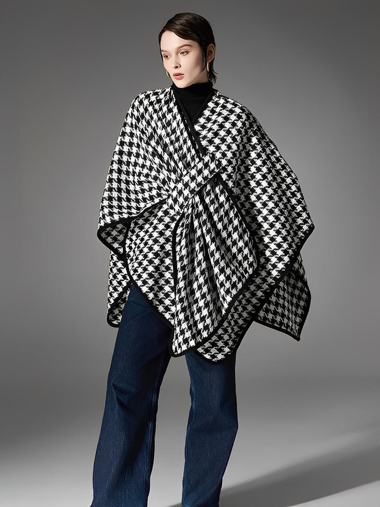 Châle à carreaux pied-de-poule noir et blanc, cape chaude à bouton, poncho hivernal doux, couverture épaissie femme, accessoire mode automne hiver, modèle Izine
