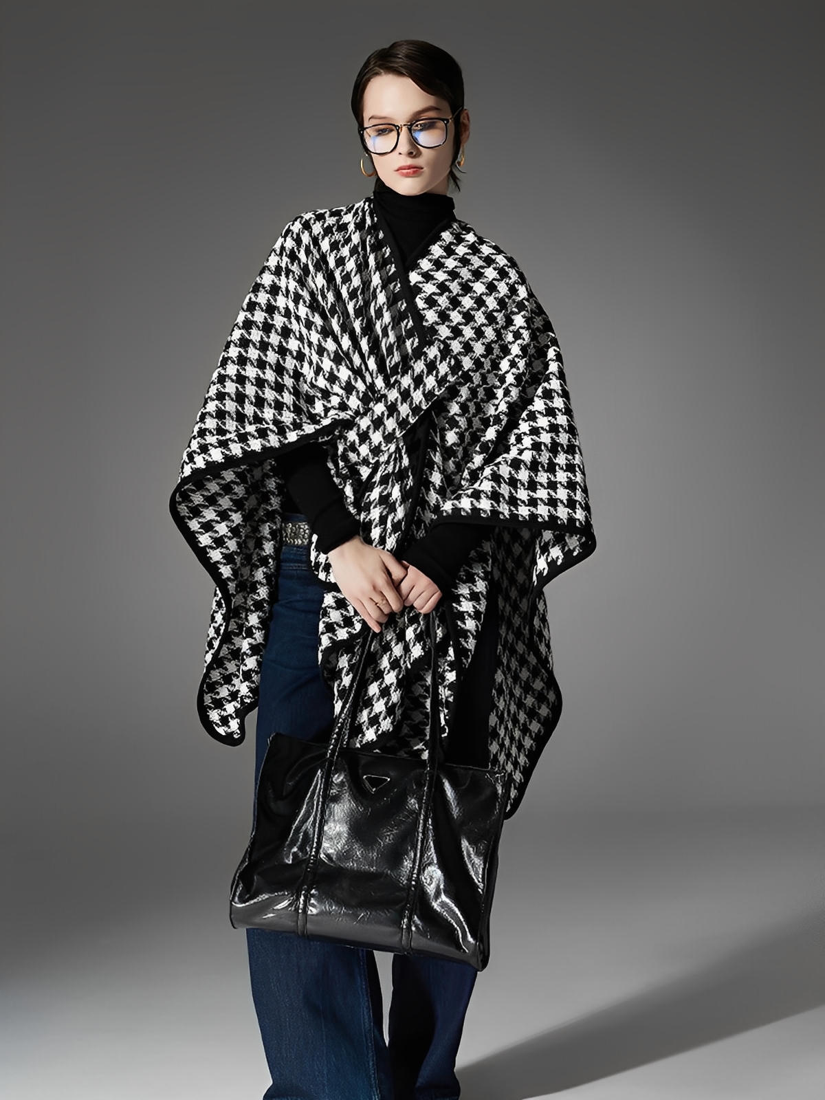 Châle à carreaux pied-de-poule noir et blanc, cape chaude à bouton, poncho hivernal doux, couverture épaissie femme, accessoire mode automne hiver, modèle Izine
