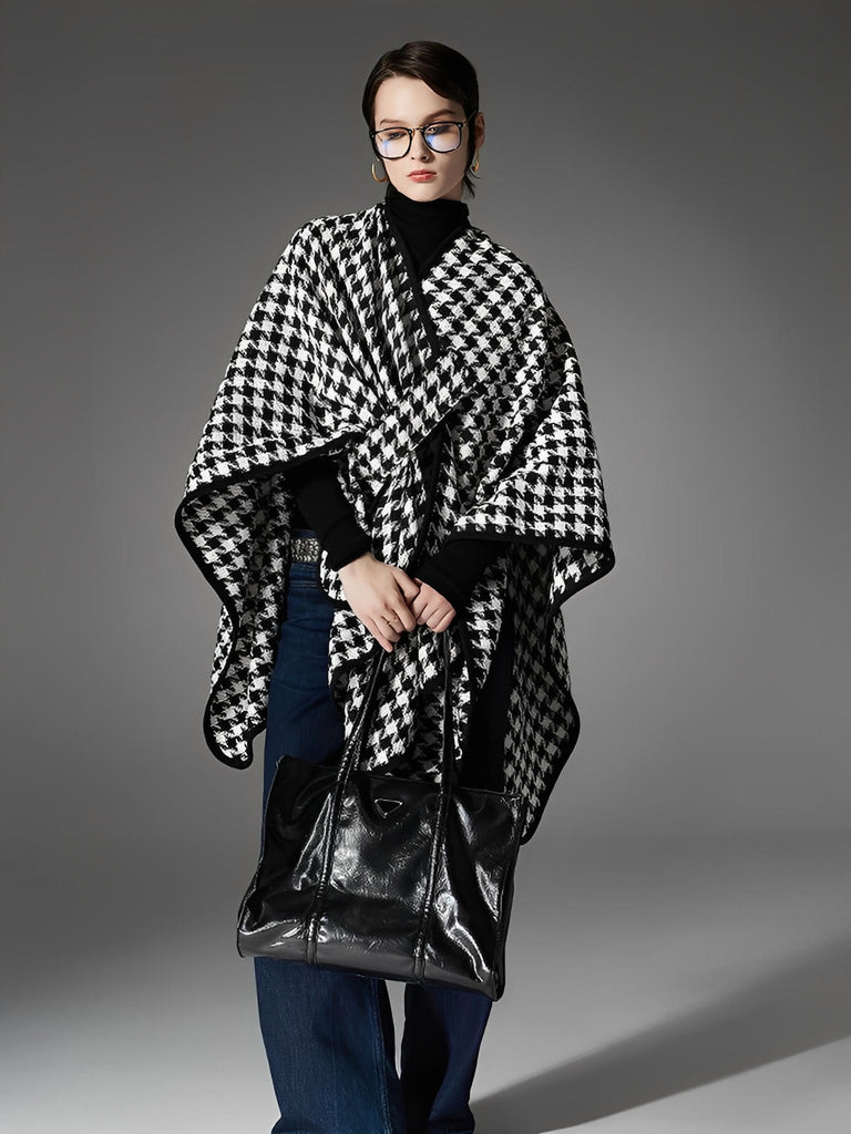 Châle à carreaux pied-de-poule noir et blanc, cape chaude à bouton, poncho hivernal doux, couverture épaissie femme, accessoire mode automne hiver, modèle Izine