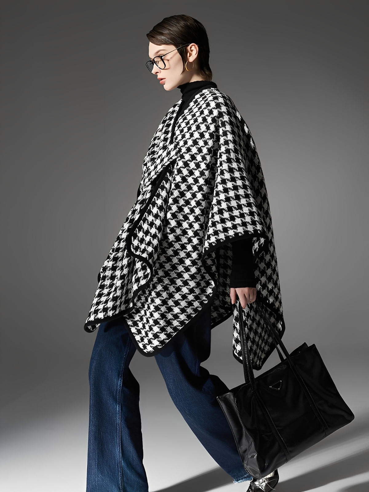 Châle à carreaux pied-de-poule noir et blanc, cape chaude à bouton, poncho hivernal doux, couverture épaissie femme, accessoire mode automne hiver, modèle Izine