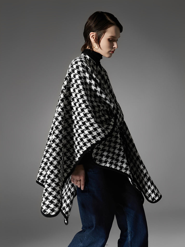 Châle à carreaux pied-de-poule noir et blanc, cape chaude à bouton, poncho hivernal doux, couverture épaissie femme, accessoire mode automne hiver, modèle Izine
