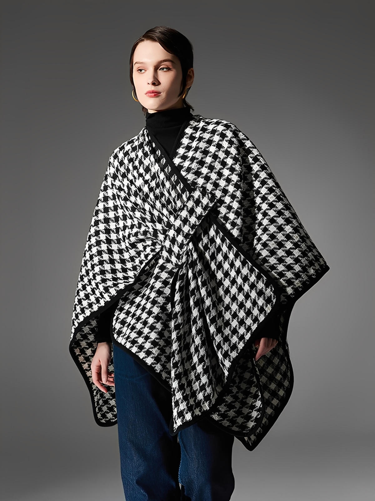 Châle à carreaux pied-de-poule noir et blanc, cape chaude à bouton, poncho hivernal doux, couverture épaissie femme, accessoire mode automne hiver, modèle Izine
