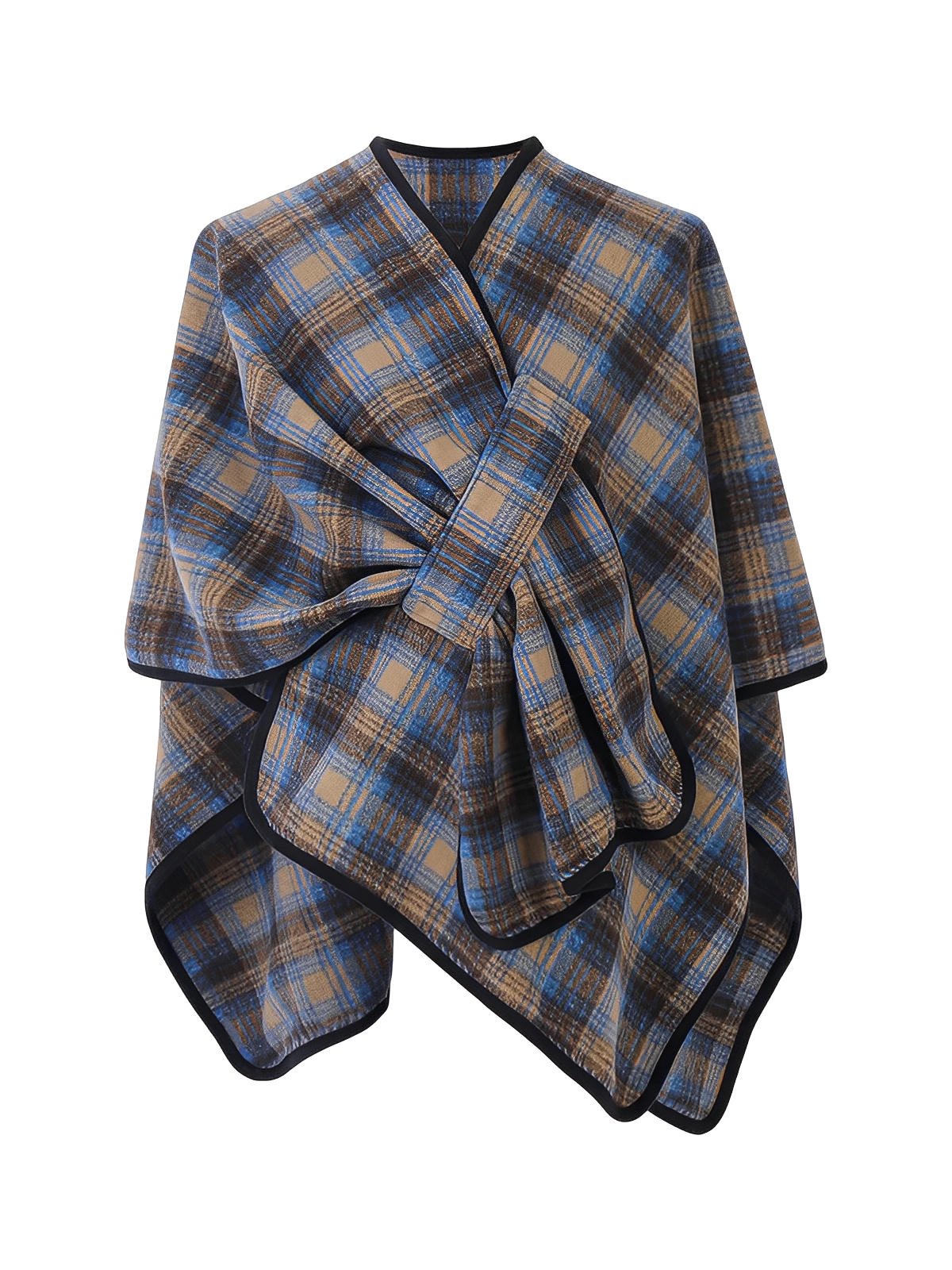 Châle à carreaux, poncho plaid chaud femme, couverture épaules hiver, grand châle doux, cape carreaux bruns et bleus, plaid épais 150x130cm, modèle Kirne - Châle - Brun et bleu