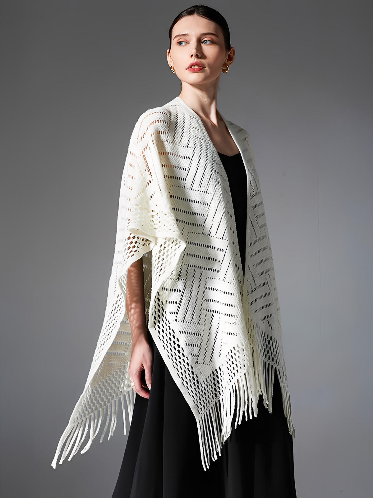 Châle ajouré à franges, maille fine légère, châle rectangulaire femme, châle tricoté printemps automne, accessoire mode doux, modèle Jayne