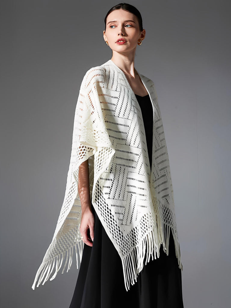 Châle ajouré à franges, maille fine légère, châle rectangulaire femme, châle tricoté printemps automne, accessoire mode doux, modèle Jayne