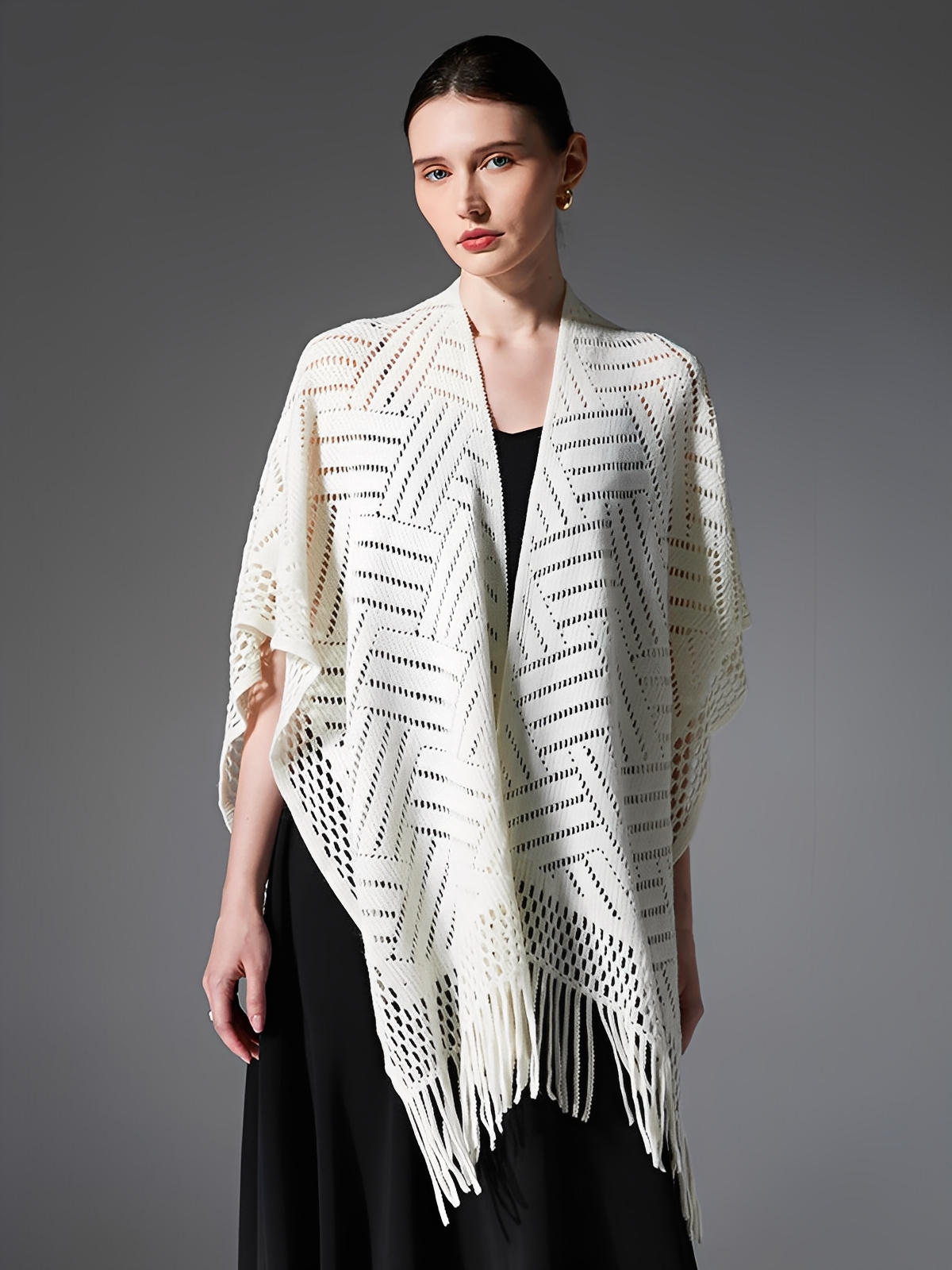 Châle ajouré à franges, maille fine légère, châle rectangulaire femme, châle tricoté printemps automne, accessoire mode doux, modèle Jayne