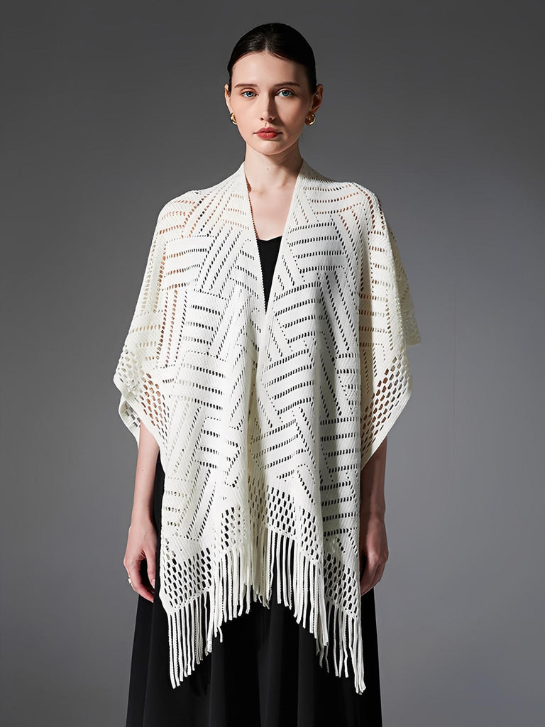 Châle ajouré à franges, maille fine légère, châle rectangulaire femme, châle tricoté printemps automne, accessoire mode doux, modèle Jayne