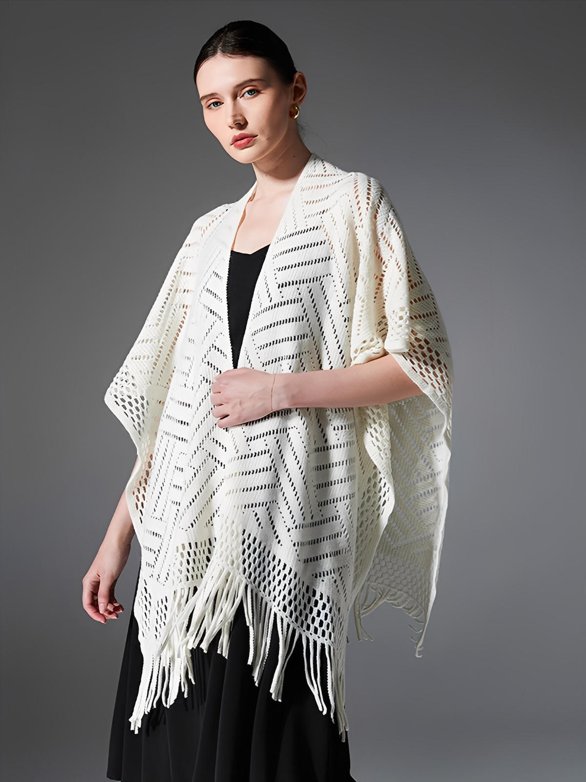 Châle ajouré à franges, maille fine légère, châle rectangulaire femme, châle tricoté printemps automne, accessoire mode doux, modèle Jayne