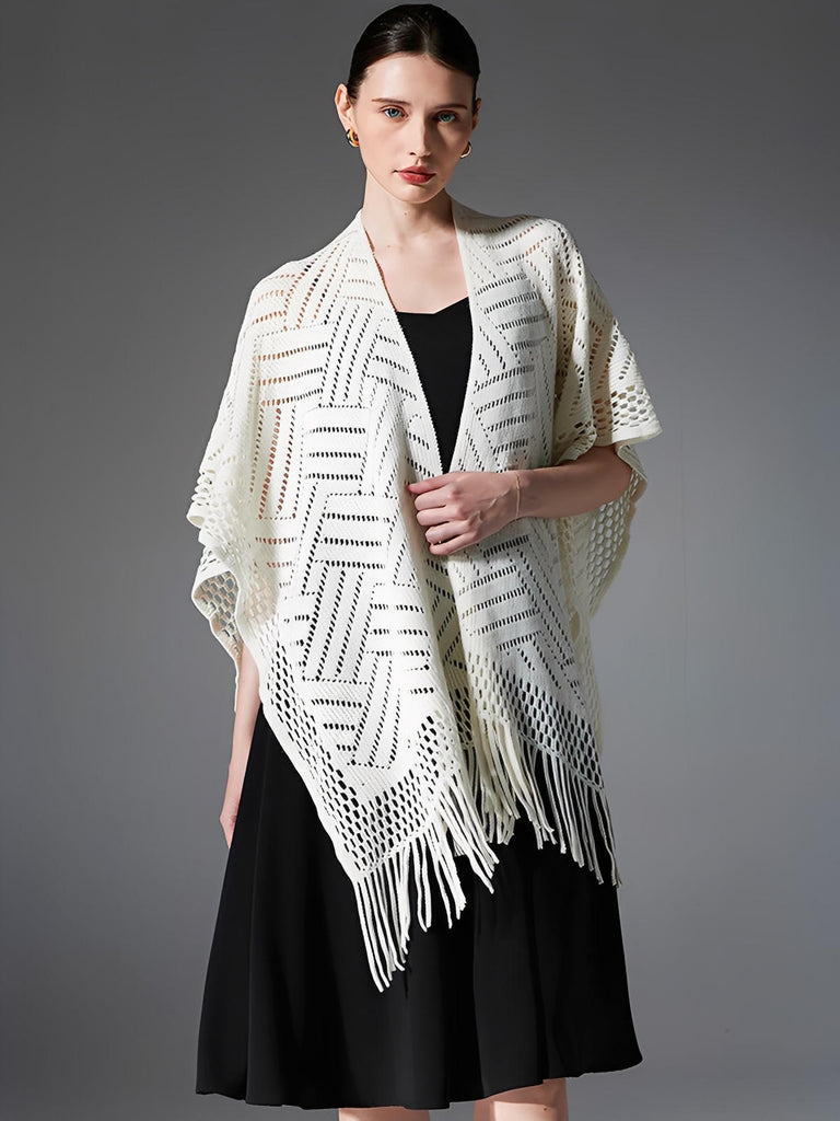 Châle ajouré à franges, maille fine légère, châle rectangulaire femme, châle tricoté printemps automne, accessoire mode doux, modèle Jayne