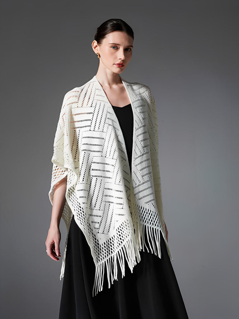 Châle ajouré à franges, maille fine légère, châle rectangulaire femme, châle tricoté printemps automne, accessoire mode doux, modèle Jayne