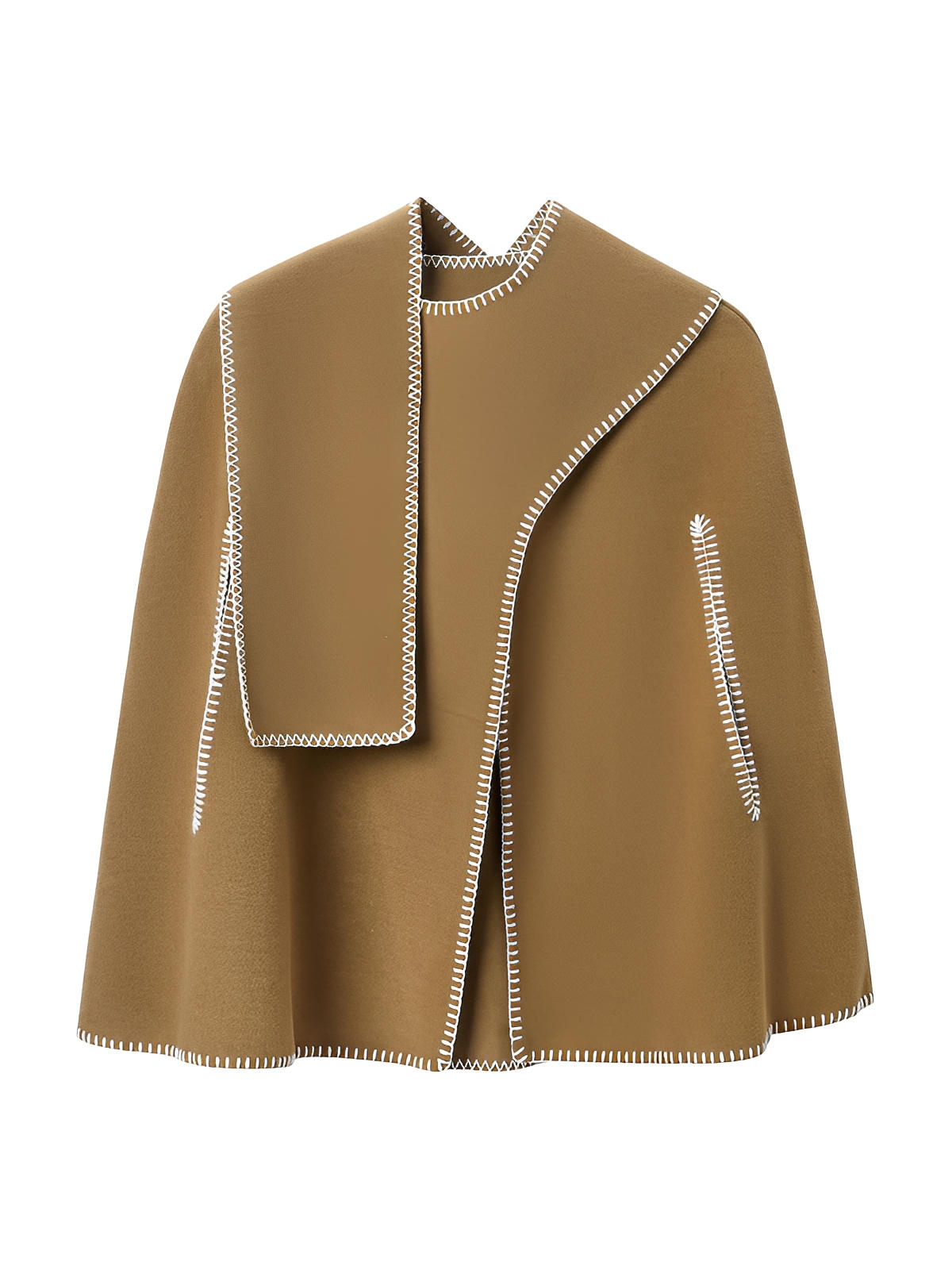 Châle camel double face, couture contrastée blanche, cape chaude automne hiver, style européen, douceur enveloppante, design minimal, grande taille confortable, modèle Soline - Châle - Camel