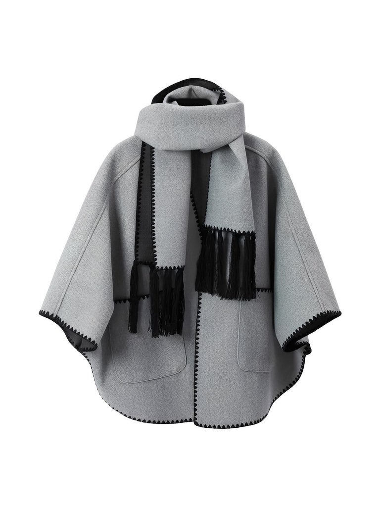 Châle cape femme, grand châle à poches, doux et chaud, style urbain, bord contrasté, écharpe intégrée automne hiver, modèle Fodja - Châle - Gris