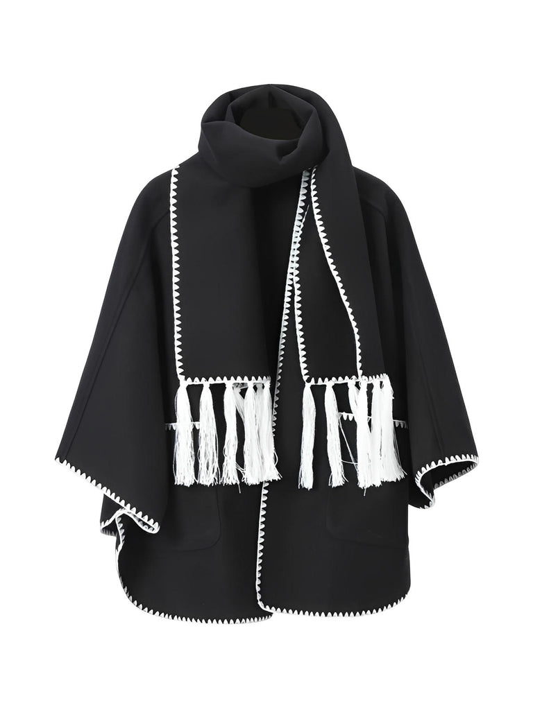 Châle cape femme, grand châle à poches, doux et chaud, style urbain, bord contrasté, écharpe intégrée automne hiver, modèle Fodja - Châle - Noir