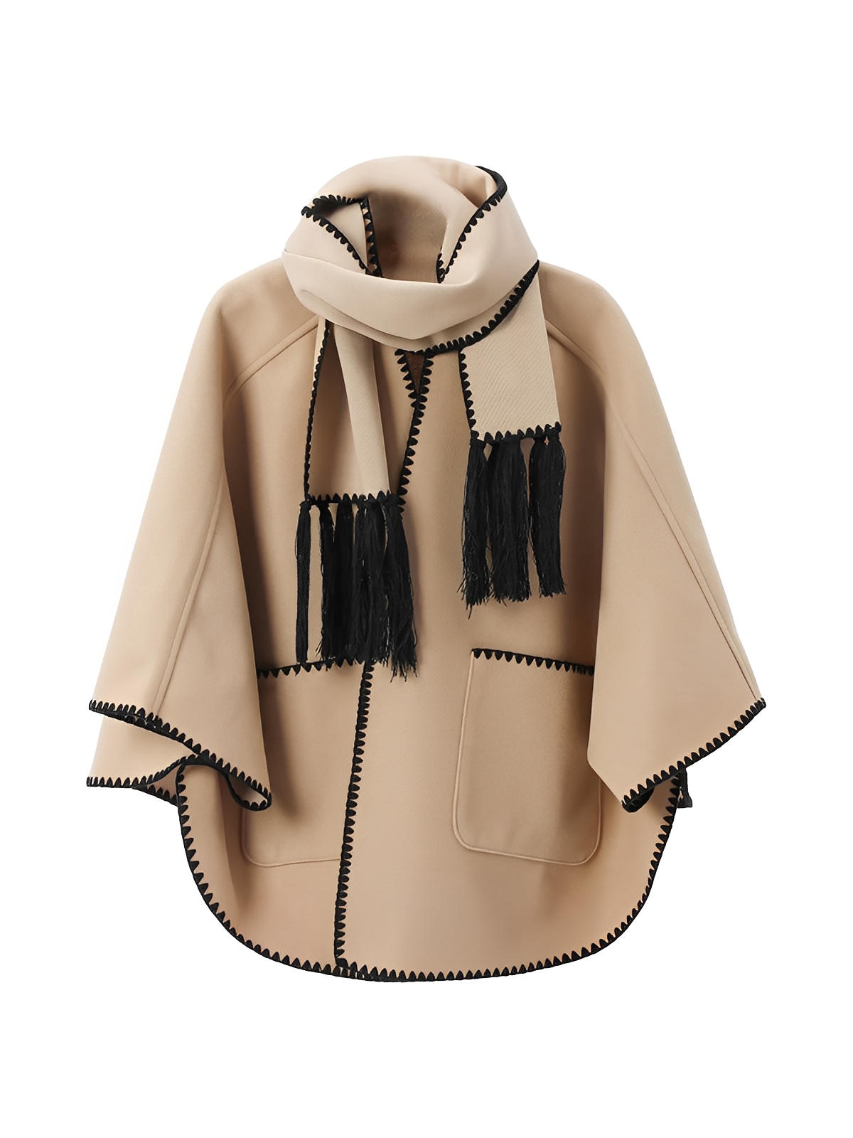 Châle cape femme, grand châle à poches, doux et chaud, style urbain, bord contrasté, écharpe intégrée automne hiver, modèle Fodja - Châle - Camel