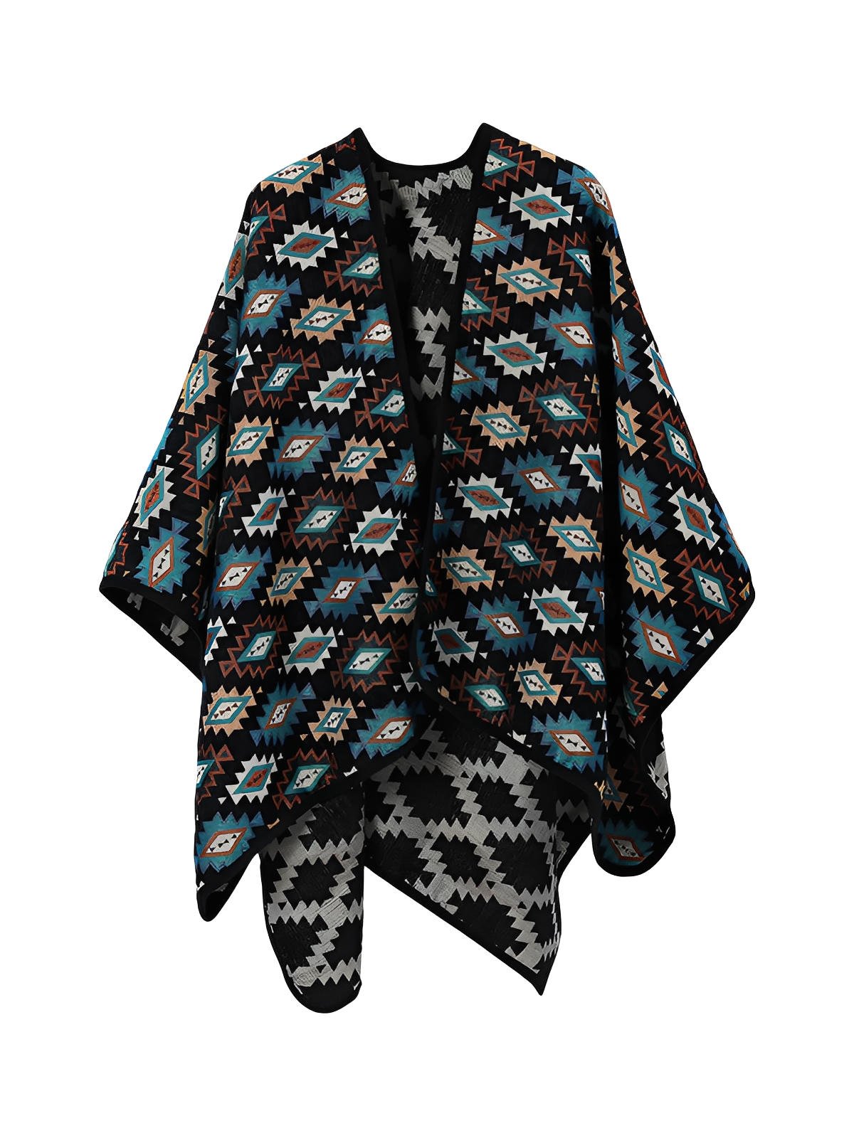 Châle chaud, poncho géométrique, couverture épaisse, cape colorée, style bohème, motifs azur et terre, grand format 150x130 cm, douceur cocooning, modèle Célestia - Châle - Multicolore
