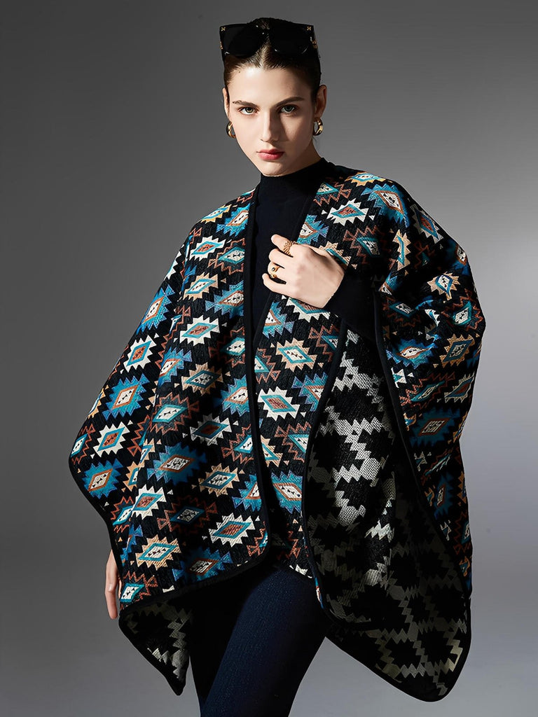 Châle chaud, poncho géométrique, couverture épaisse, cape colorée, style bohème, motifs azur et terre, grand format 150x130 cm, douceur cocooning, modèle Célestia - Châle - Multicolore