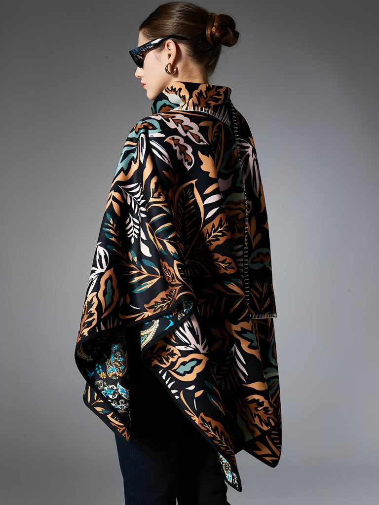 Châle double face, cape fluide femme, motifs feuillage coloré, écharpe large hiver, accessoire chaud, mode automne hiver, modèle Bonnie - Châle - Multicolore