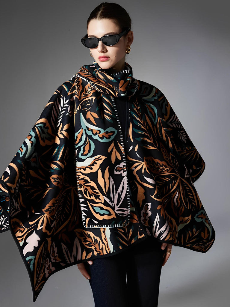 Châle double face, cape fluide femme, motifs feuillage coloré, écharpe large hiver, accessoire chaud, mode automne hiver, modèle Bonnie - Châle - Multicolore